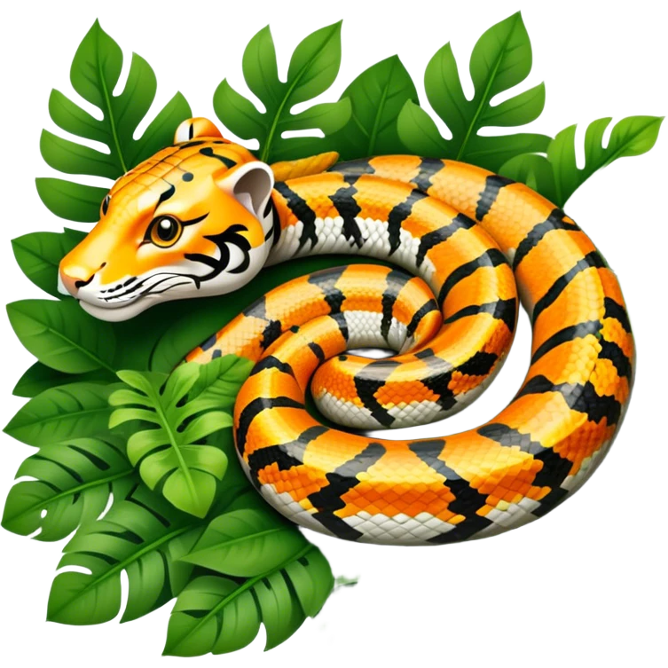 Tiger python coiled up on the ground, blending with the dense jungle foliage. Its distinct orange and black stripes stand out against the vibrant green of leaves and plants. Sunlight filters through the trees, highlighting the snake's patterned scales. Transparent background. emoji