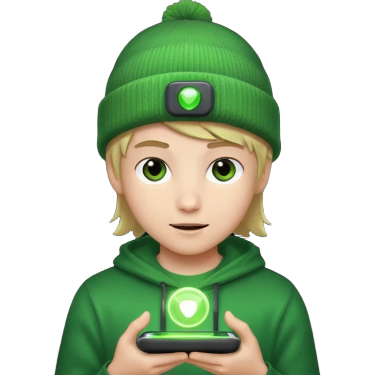 Teen hero in green beanie, holding glowing gadget.



































 emoji