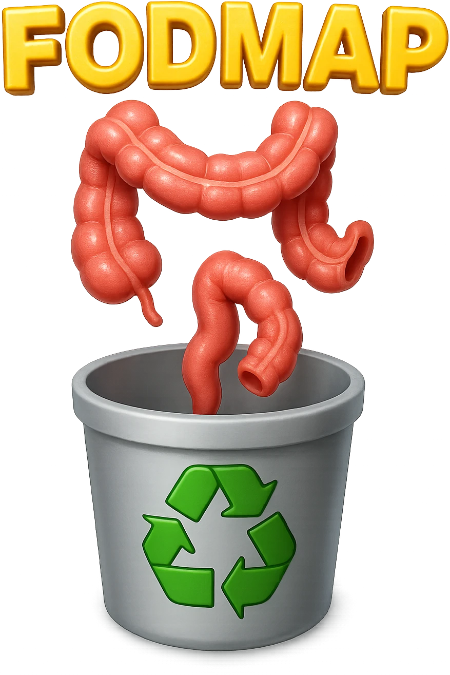 scritte "FODMAP" e pezzi di colon cadono in un secchio della spazzura con simbolo "recycle" sopra, stile emoji iphone, iperrealistico 4k emoji
