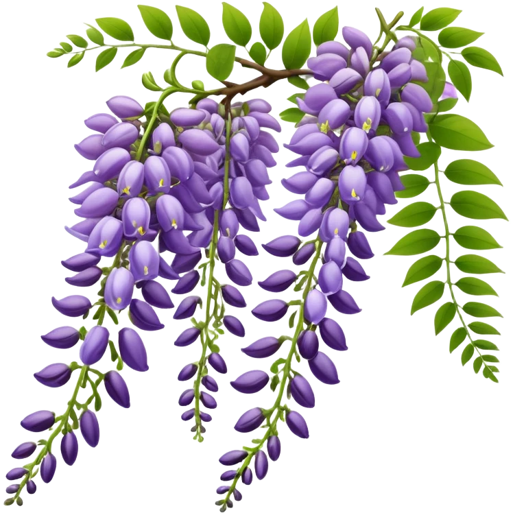 Wisteria raceme with mixed blooming stages - some flowers fully open in purple, others still in bud stage, hanging gracefully with green leaves emoji