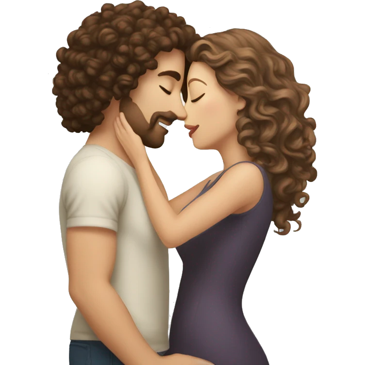 White Man with brown hair kissing white woman with long dark curly hair emoji