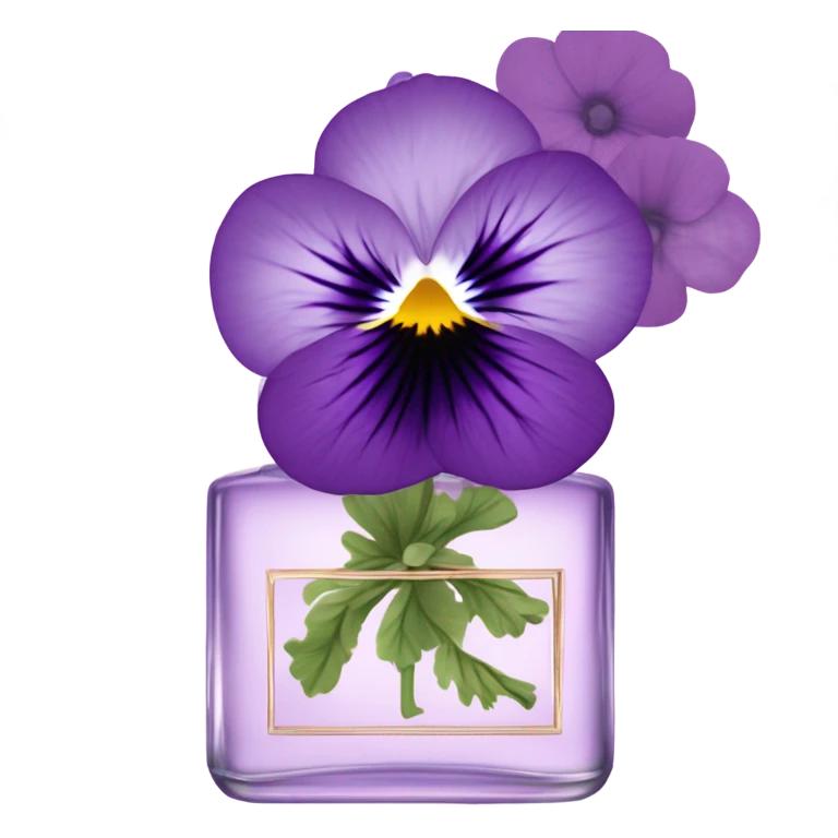 composition of aesthetically pleasing purple pansies, pastel pink daisies and a rosy vintage-style perfume bottle emoji