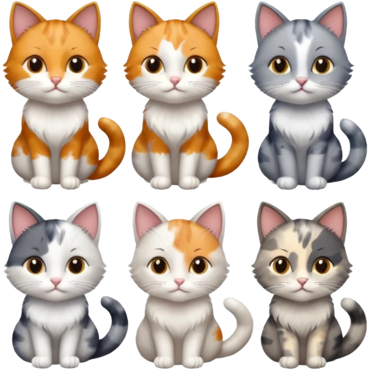 6 realistic looking cats with different natural coloured coats, assorted grey and white, greys, calico colours etc
 emoji