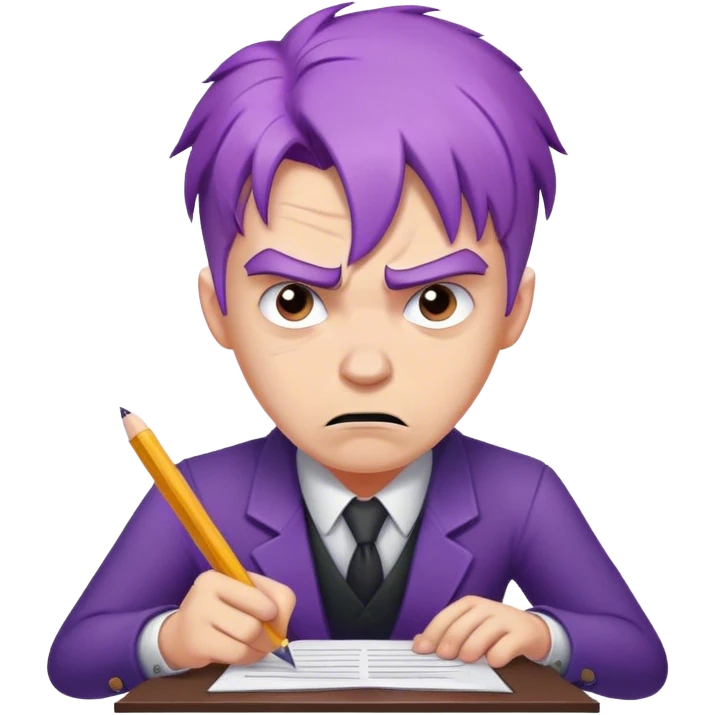 white man with purple hair angry writing a legal document in distress emoji