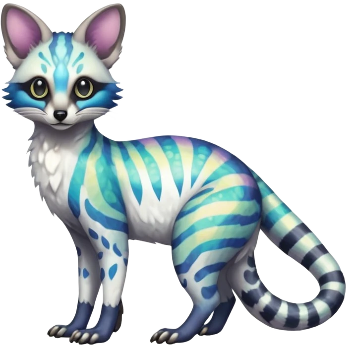 Rare iridescent white exotic epic aesthetic colorful Trico-Genet-species-Fakemon-hybrid-creature, with intricate tattoo markings, full body emoji