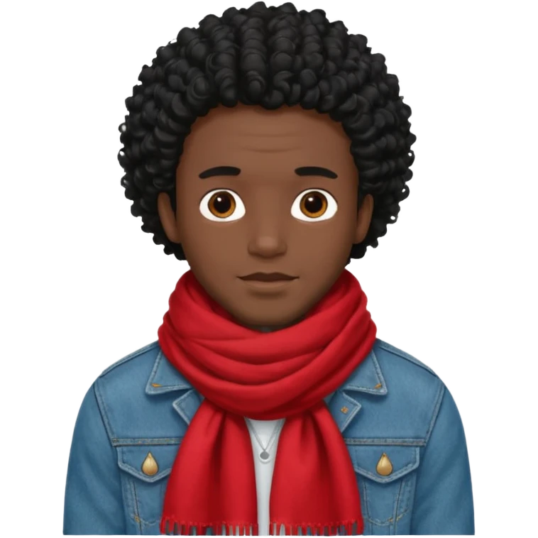 black skin man, curly black hair wear big red scraft, jean jacket emoji