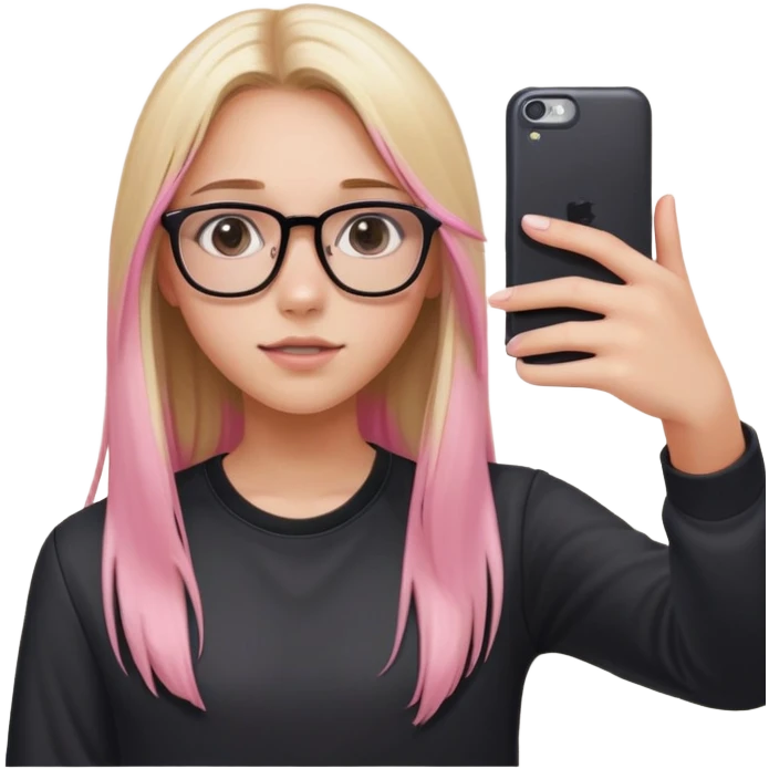 A teenage girl taking a selfie in a school bathroom. She has long straight hair with blonde and pink highlights, wears glasses and a black shirt. Her expression is neutral
 emoji