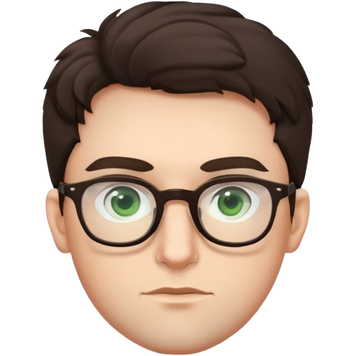 Young man with slightly curled dark brown poofy hair, green eyes wearing glasses, wide face with eyes set apart, bigger ears, pale skin, slightly bigger nose, fuller darker lips, and very light stubble emoji