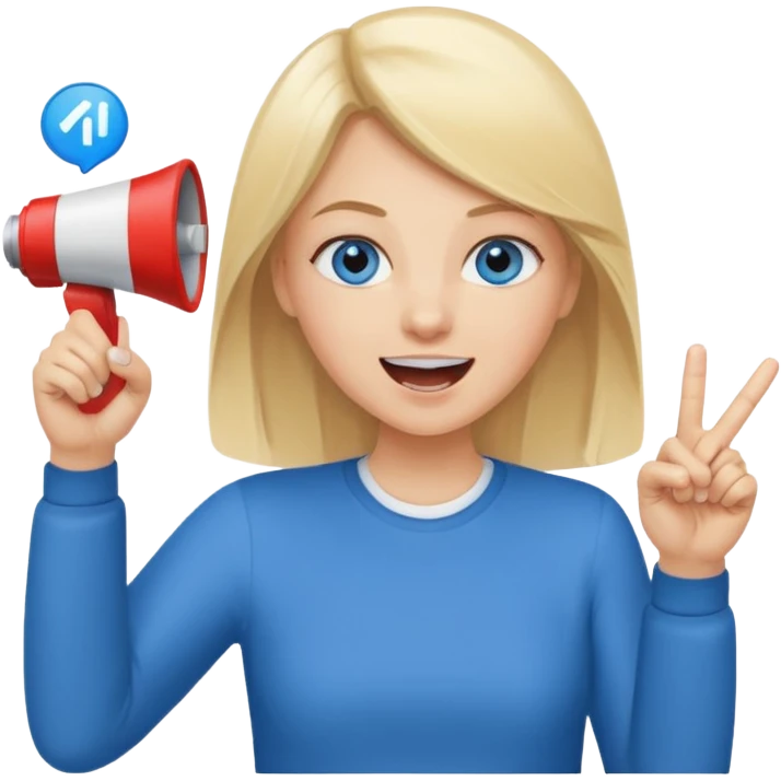 blue eyes blonde girl yelling into megaphone and holding up 1 finger in the other hand smiling emoji