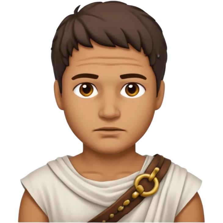 Emoji portrait of a Roman slave. Plain tunic, scar on the face, downtrodden expression. emoji