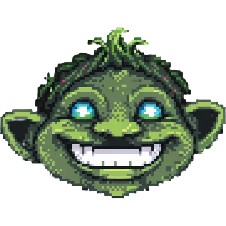 Pixelated troll face meme with signature grin, YouTube style emoji
