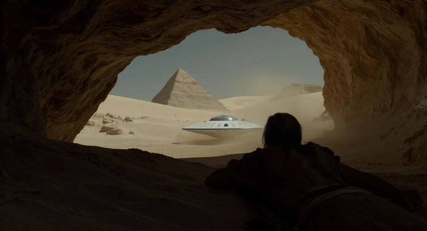 cinematic still, documentary photography, acient egypt, back shot of a man dress in ancient clothes in cave (frame in frame effect) on ground laying front of small ufo starship, sand flying around, dynamic scane, leading lines, captured by arri alexa, depth layers, piramids in babckground emoji