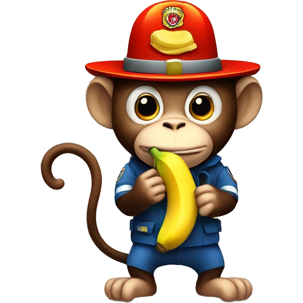 Monkey eating a banana wearing a fire man's hat emoji