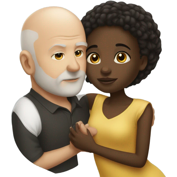 African  girl dark hair kissing white bald man emoji