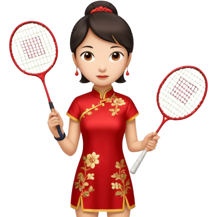ancient cheongsam girl with 1 badminton racket, red emoji