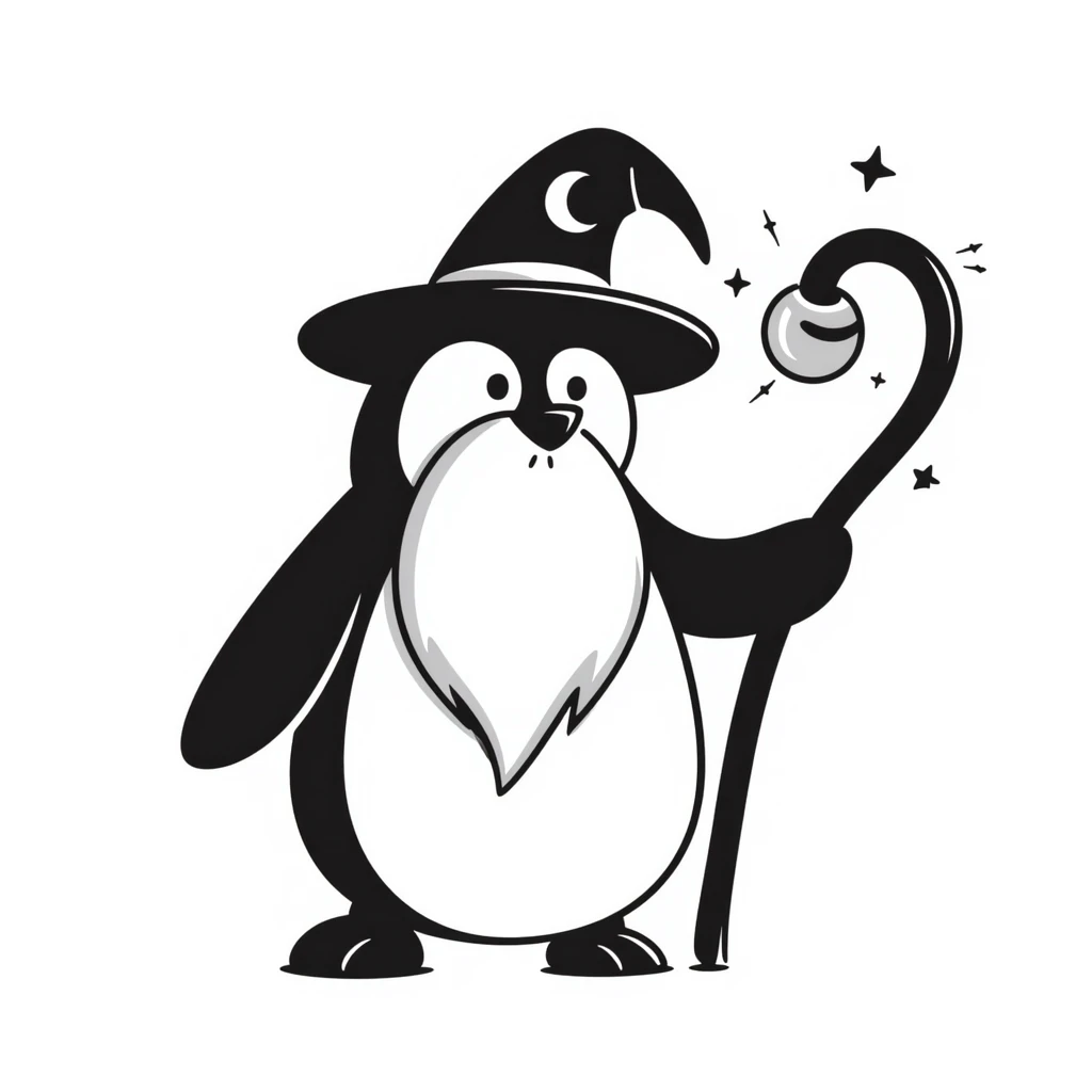 a penguin wizard with a long white beard, pointed hat, and magical staff emoji