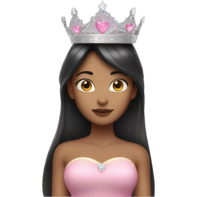 Princess with halo with tan skin tone with long black hair with bang with silver pink heart tiara and pink dress emoji