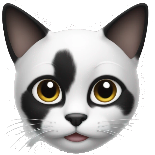 Black and white cat, black dots on ledt and right ears and right eye emoji
