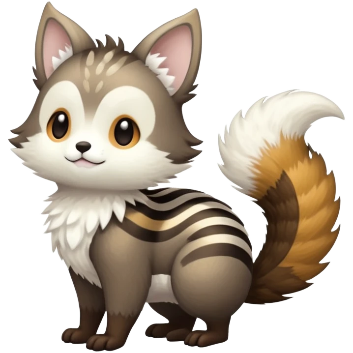 lush warm-colored Fakémon-Trico-creature (full body) with white cheek markings, white-striped tail emoji