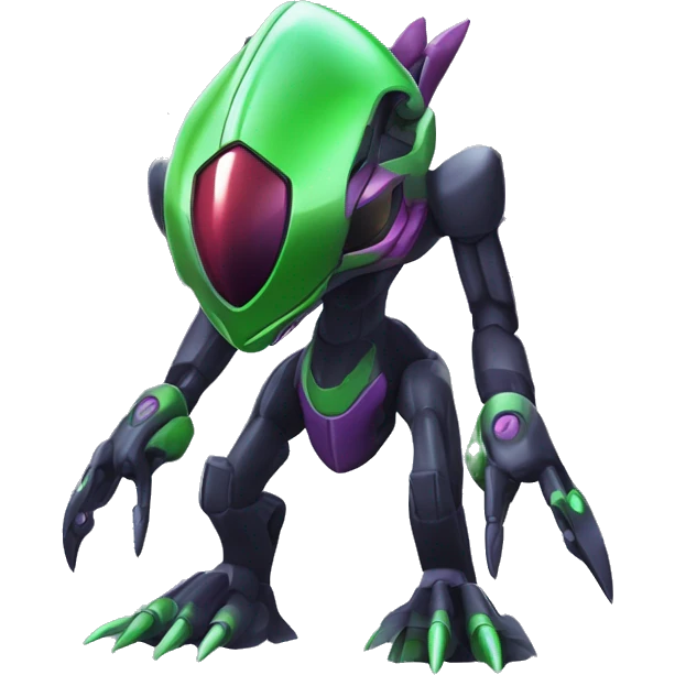 a shiny black-green-purple Genesect-Flygon-Raptor-Fakémon-Medabot-hybrid with a futuristic visor-helmet full body emoji