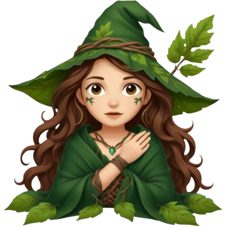 cute forest witch woman long wavy brown hair tattoos wrapped in leaf blanket emoji