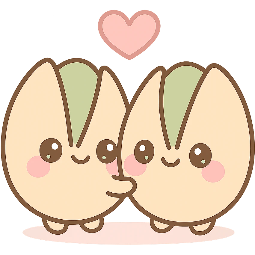 a pair of pistachios hugging, kawaii style, adorable faces, soft colors, heart above them emoji