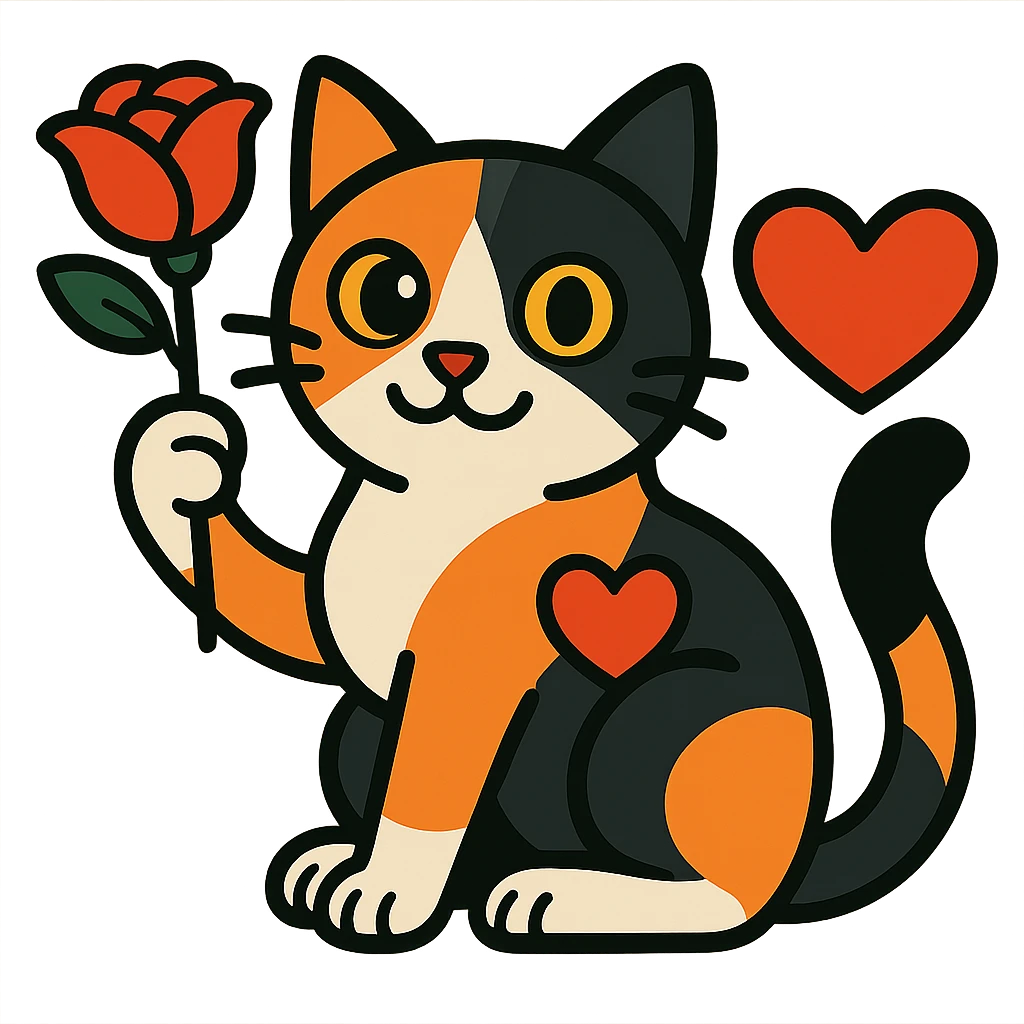 Add a heart to the tricolor cat holding a rose, keep the background transparent, vibrant cartoon style. emoji
