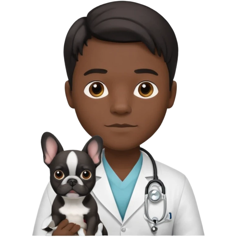 joven médico con el pelo un poco largo pero no tanto y lacio, que tenga un estetoscopio de color de piel tez negra calida !!! que sostiene un bulldog francés blanco y negro  emoji