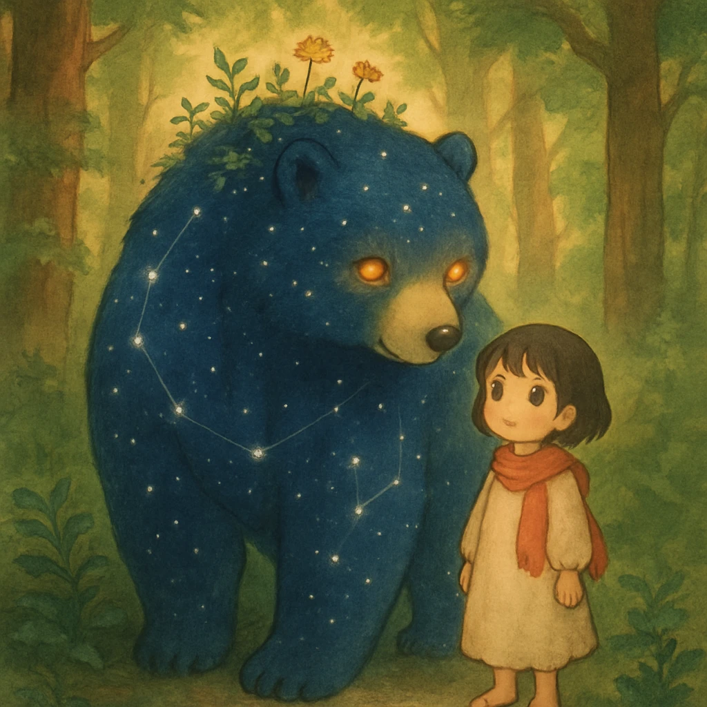 A protective bear spirit companion with stars and constellations visible in its fur, gentle eyes that glow like amber, small plants and flowers growing on its back, standing beside a young child in a forest emoji