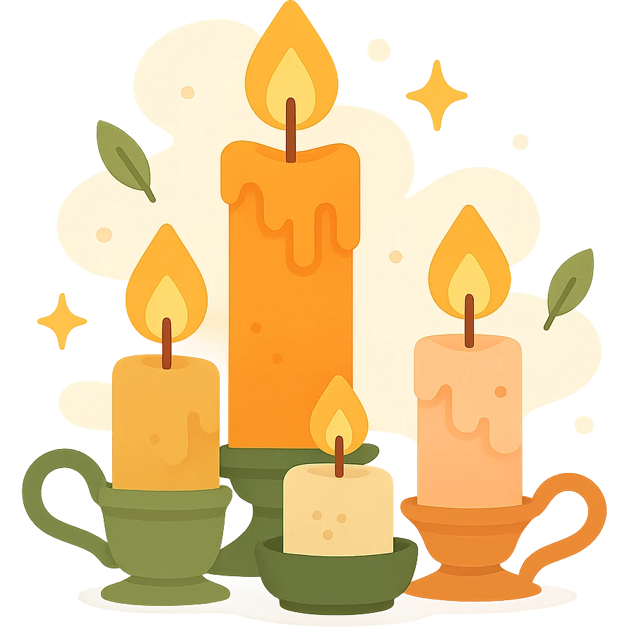 Several cute, glowing candles with flickering flames, set in a cozy and magical atmosphere, designed in a soft color palette: golden orange (FA9B41), deep forest green (4A7C5C), warm taupe brown (96775A), and pastel peach (FFCC9A). The candles are in delicate, slightly vintage holders, with the flames casting a gentle, warm glow. The wax is in shades of golden orange and peach, with subtle gradients, and small decorative patterns or tiny sparkles around them. The soft light from the candles creates a dreamy, enchanting ambiance, surrounded by tiny floating leaves or soft mist. The overall mood is serene, inviting, and magical. emoji