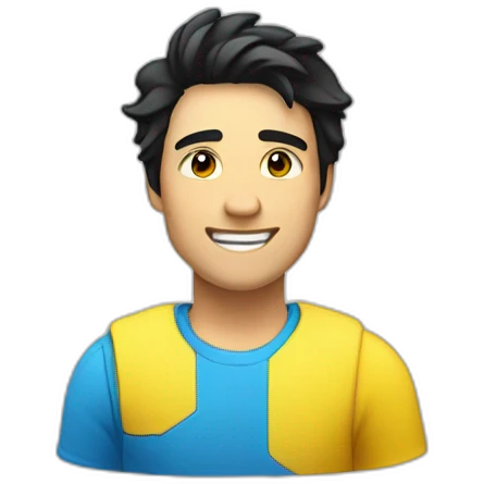 man with black hair and just smile with blue and yellow closher color body light emoji