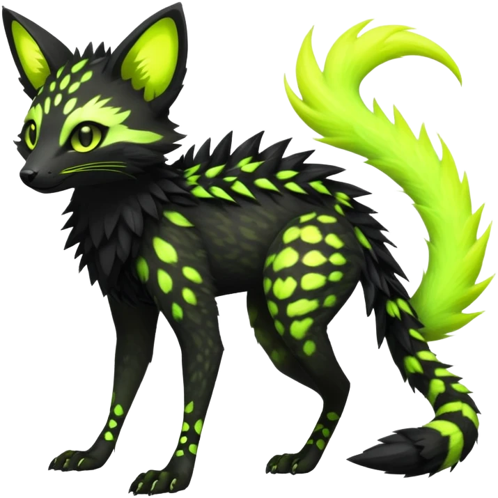 Rare realistic black edgy toxic radioactive-themed black fur with neon-lime-green-glowing  epic handsome gorgeous aesthetic vibrant Vernid-Trico-Genet-species-hybrid-Fakemon-creature by LiLaiRa, 4 legs, 1 tail, random markings, (full body) with spikes on the back emoji