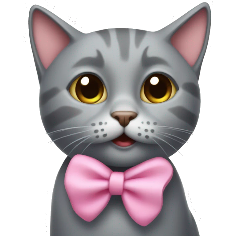 A grey cat with a pink bow blows a kiss emoji