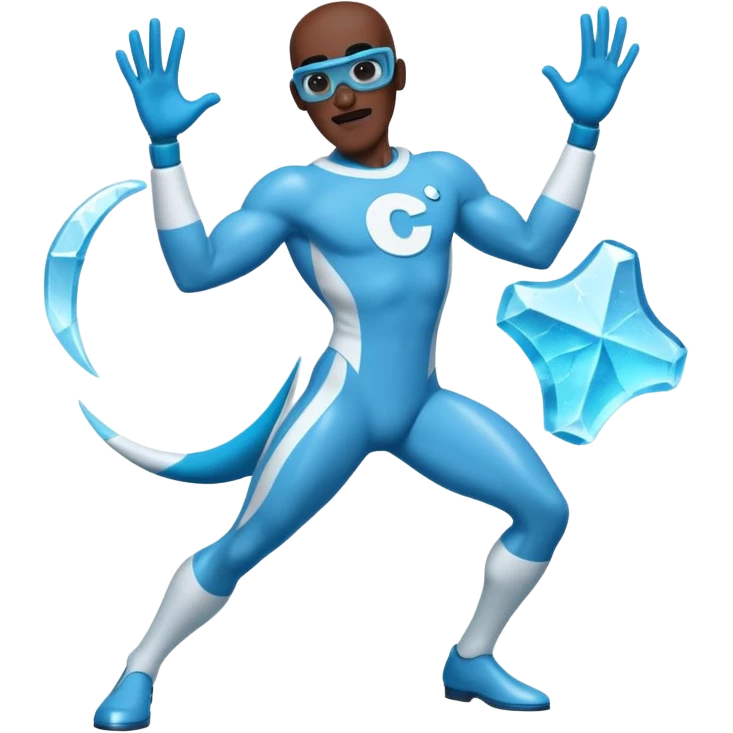 Frozone character in retro stickers style, dynamic pose, icy effects, bold outlines, vibrant colors he says "c'est carré dans l'axe" emoji