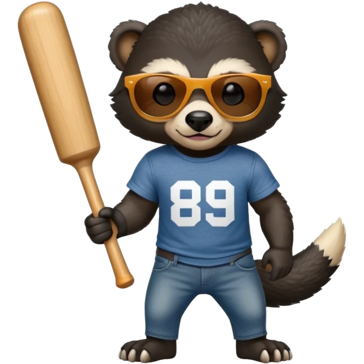 mischievous anthropomorphised honey badger in jeans and a t-shirt, wearing sunglasses, holding a baseball bat over shoulder emoji