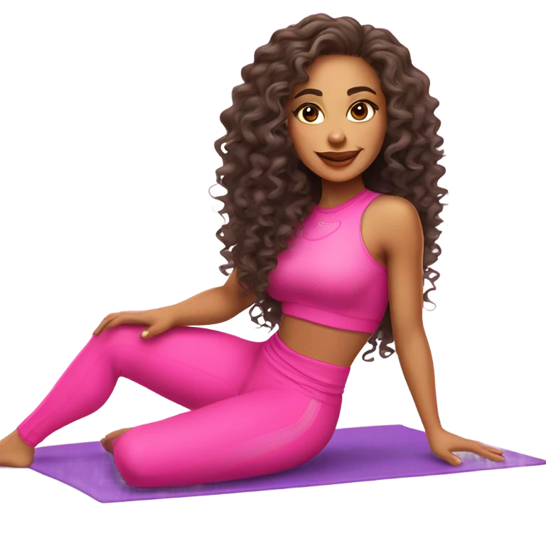 a gorgeous mixed girl with long curly hair to the floor doing pilates in an all pink outfit on a white mat, she has full lips and long eyelashes emoji