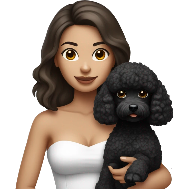 Brunette straight hair girl , in white strapless top holding a black toy poodle emoji