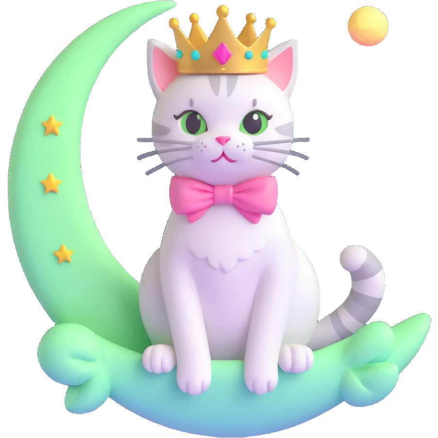 Enhance the moon to be more pastel with brighter, light green colors in a 3D style. The cat with a pink bow and crown is sitting on the moon. Keep the background transparent as requested. emoji