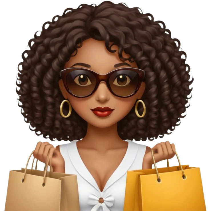Rich dark brown girl with dark brown mid-length curly hair expensive retail shopping bags and sunglasses emoji