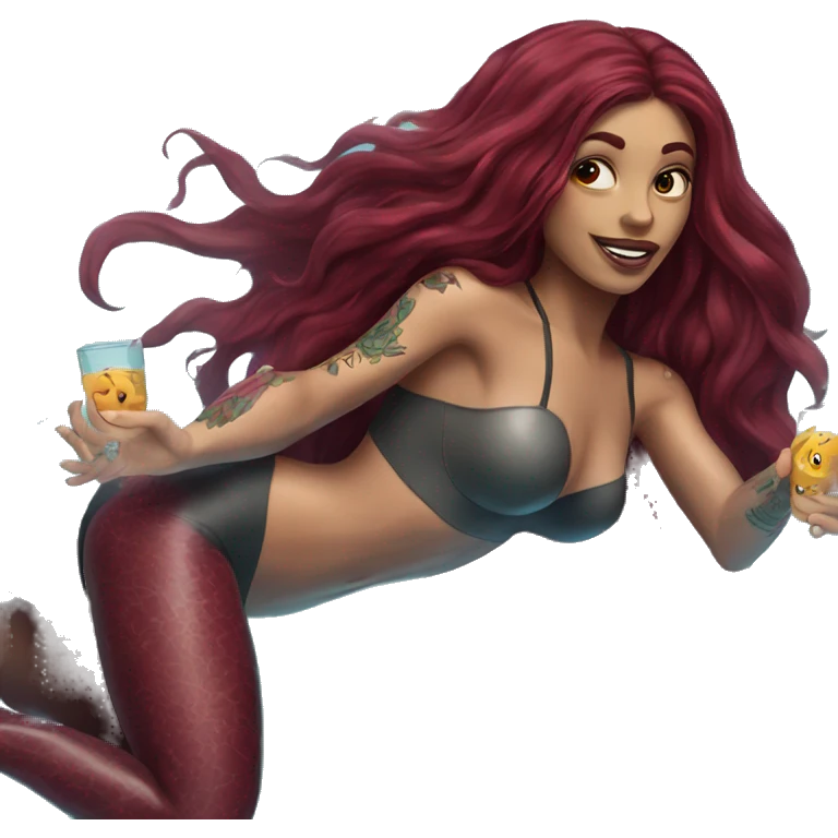 Beautiful tattooed  burgundy long haired woman swimming in a pool emoji