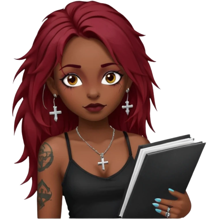 generate an ios genmoji of a girl with long dark red messy hair with eyeliner on her eyes.  septum piercing, wearing a cami black top, has tattoos, on shoulders. ear piercings. wearing a cross silver necklace. carrying a tote bag on her shoulders with chart paper peeking out. emoji
