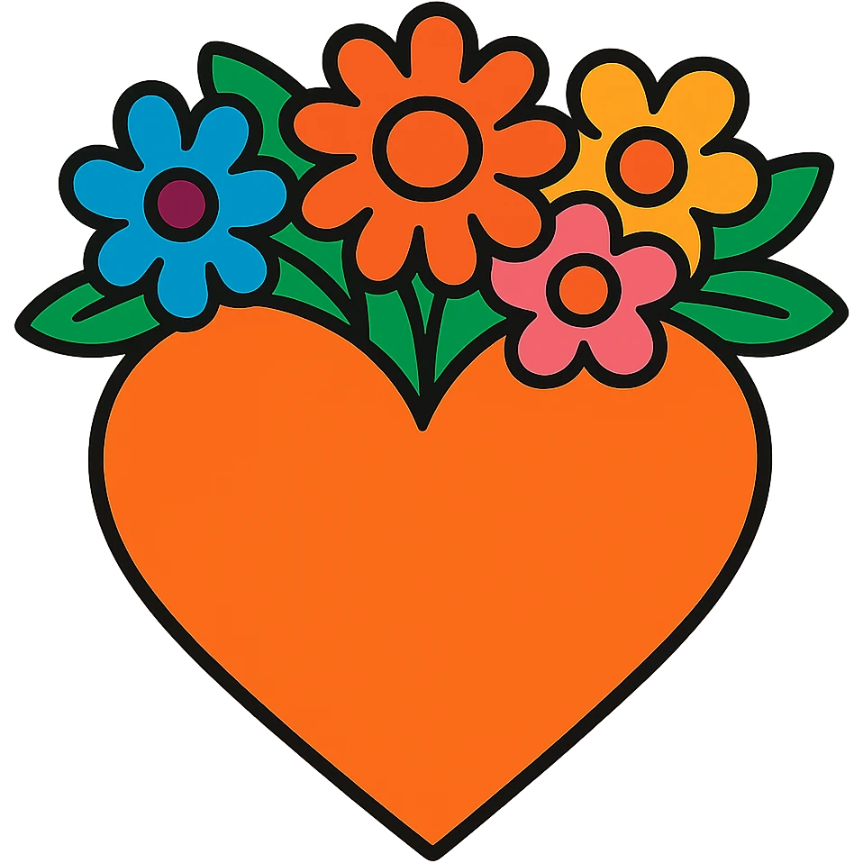 an orange heart with a crown of colorful flowers, vibrant toon style, bold and colorful emoji