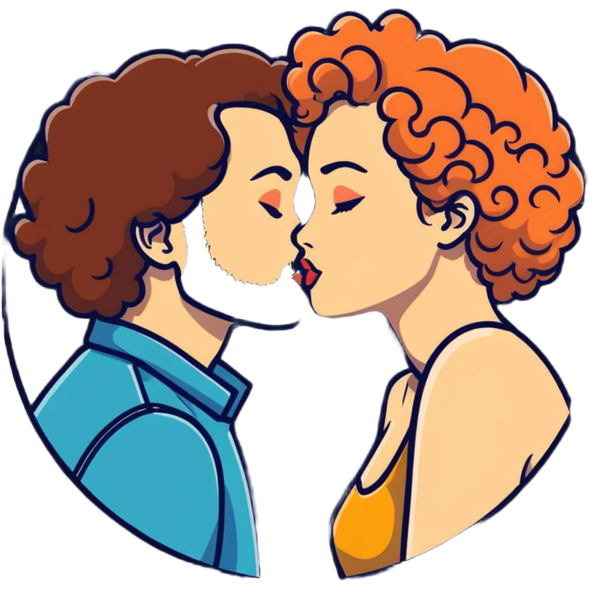 curly haired girl kissing a man with a beard, romantic couple kiss emoji