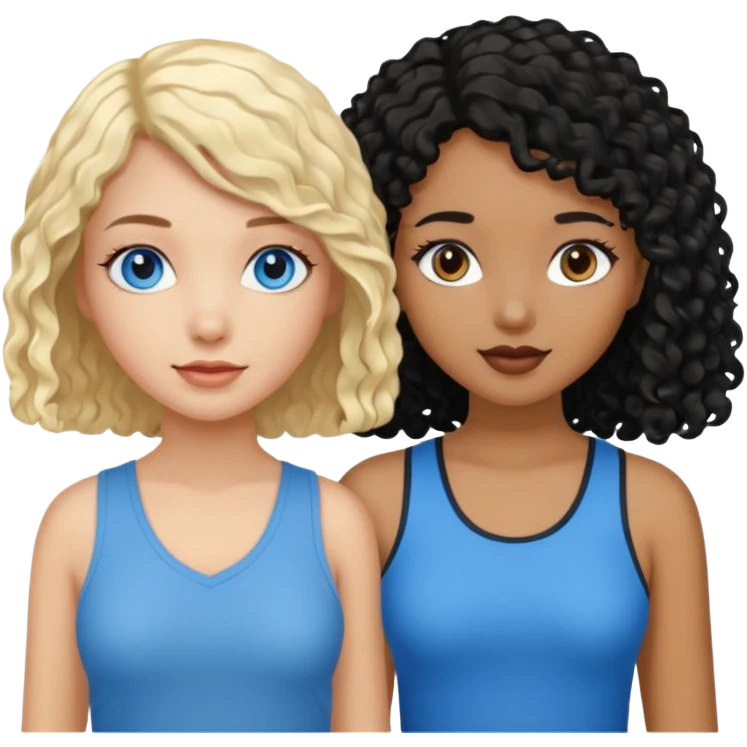 Girl best friends, one white with blond bob and blue eyes, one black with long black curly hair emoji
