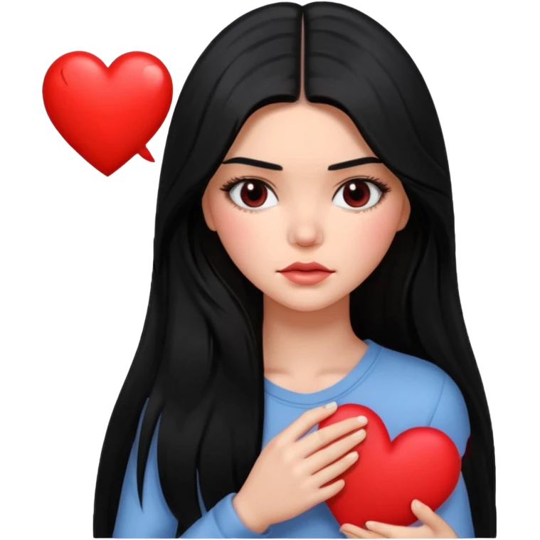 A Kendall Jenner with long black hair is sad and holds a red heart in her hands emoji