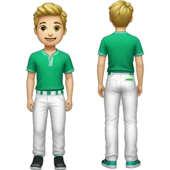 Niño caritaturesco de piel Blanca con camisa verde,pantalones negros y tenis azules diciendo hola emoji