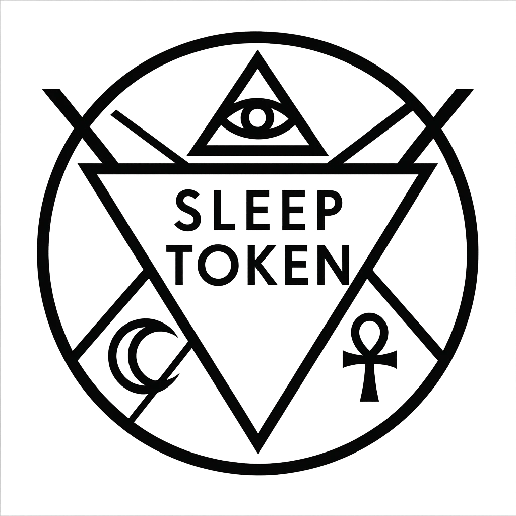 geometric Sleep Token logo with subtle occult symbols, modern style, black and white emoji