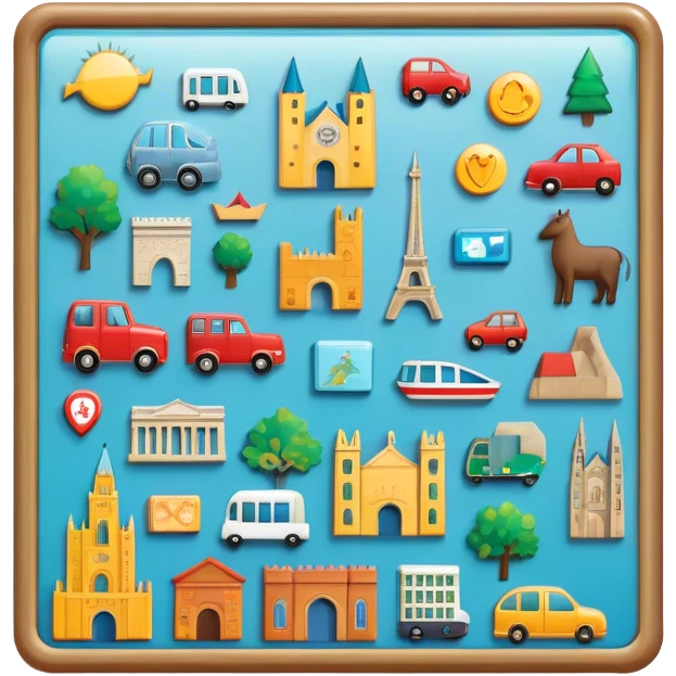 Icon for Magnet Collecting: a magnetic board on a wall displaying a collection of various magnets from different places, featuring cities, animals, and symbols. The icon should evoke the joy and uniqueness of a diverse magnet collection. Transparent background. emoji