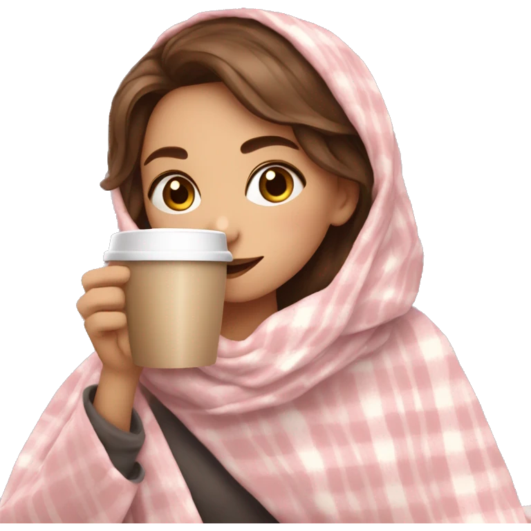 cute  brown hair girl wrapped in pastel pink plaid blanket drinking coffee emoji