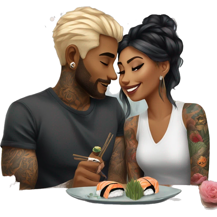 Romantic sushi dinner date for beautiful tattooed couple emoji